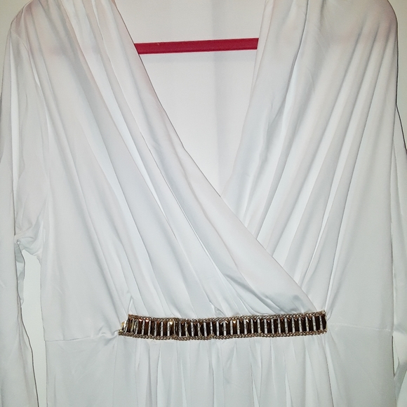 White Grecian Goddess Long Sleeve Evening Gown - Picture 3 of 8